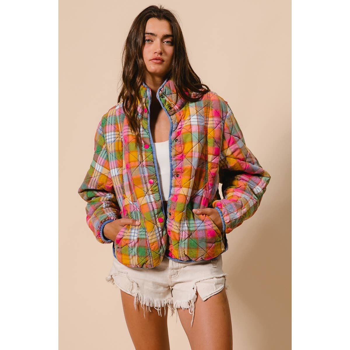BLEACHED VINTAGE PLAID QUILTED JACKET WITH POCKETS