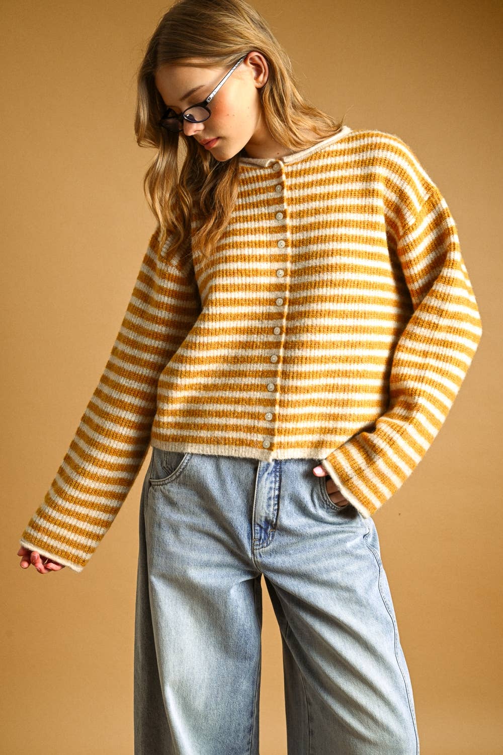 STRIPED BUTTON FRONT SWEATER CARDIGAN