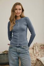 BUTTON FRONT ROUND NECK LONG SLEEVE KNIT TOP