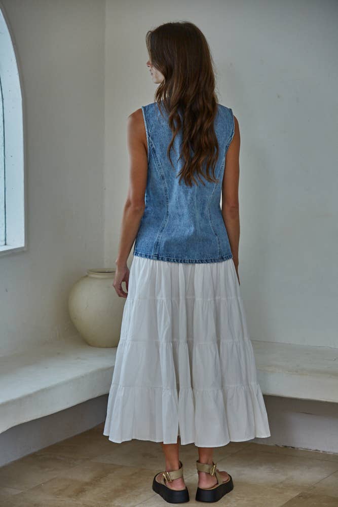 Denim Cotton Viscose Polyester Button Down Vest Top
