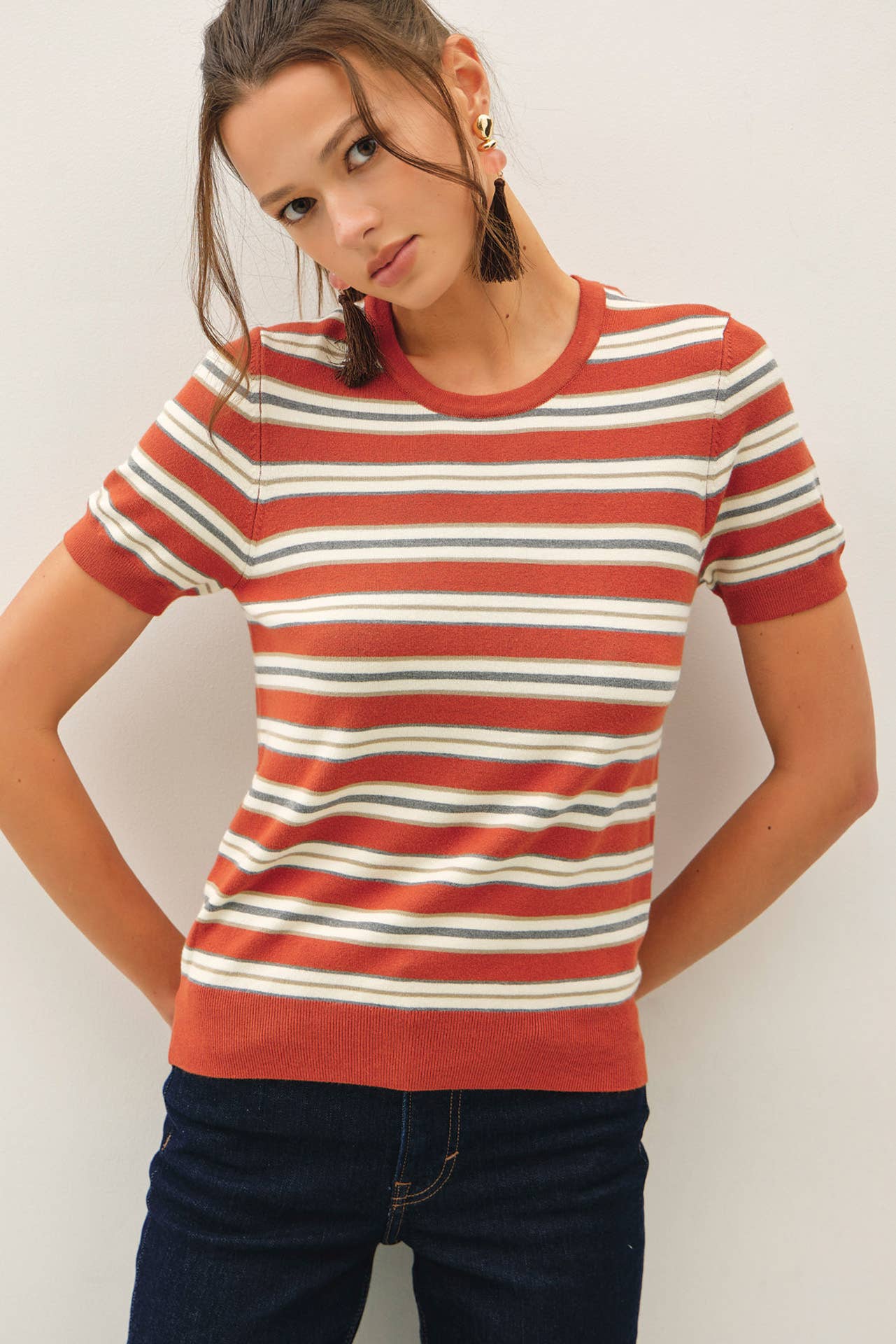 CLASSIC FIT STRIPED SHORT SLEEVE SWEATER TOP