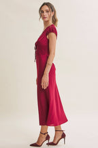 GRACEFUL DRAPE BIAS CUT SILKY SATIN LACE MIDI DRESS