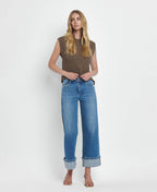 HIGH RISE MEDIUM WASH CUFFED WIDE JEANS