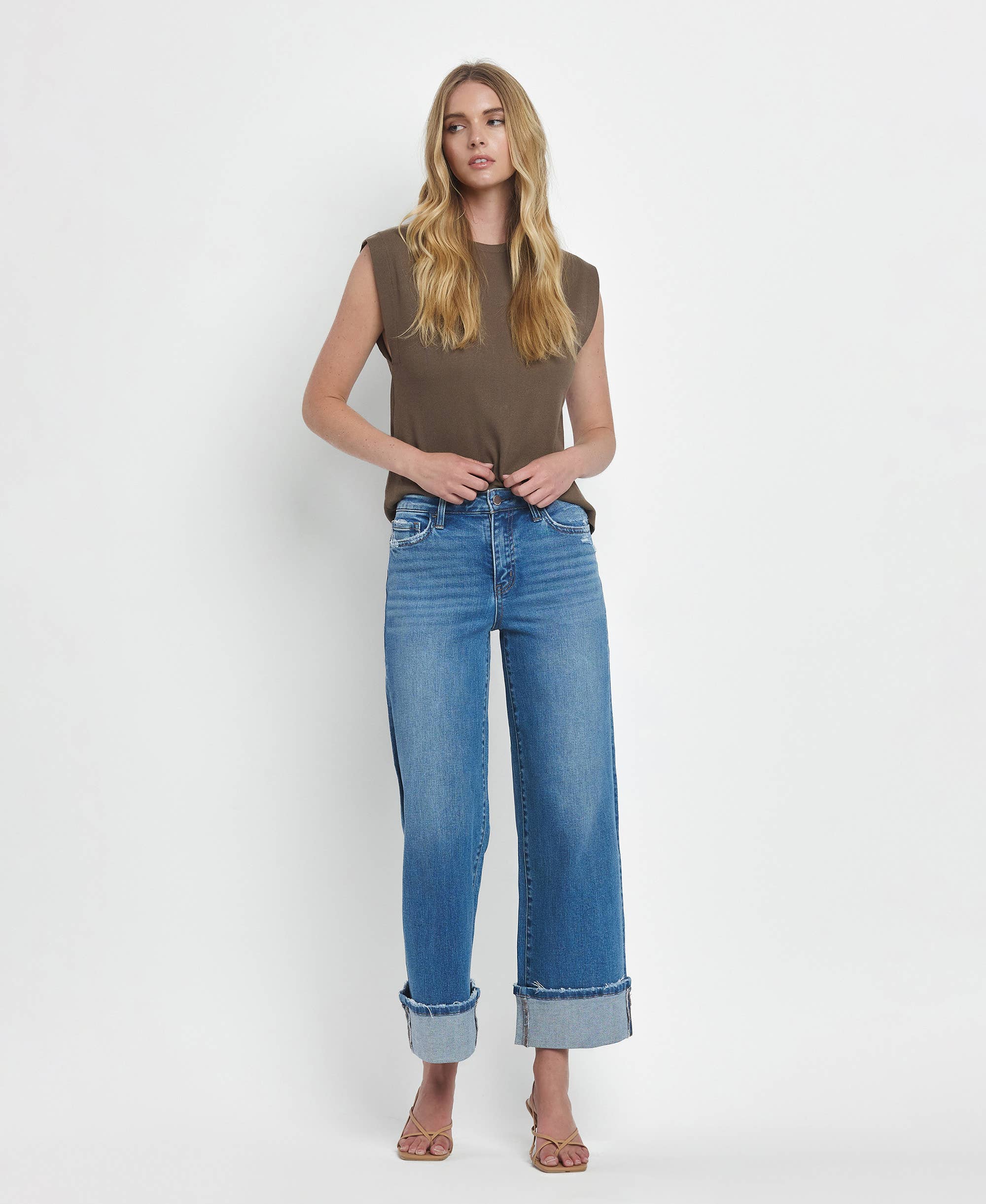 HIGH RISE MEDIUM WASH CUFFED WIDE JEANS
