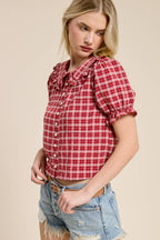 Plaid Ruffle Collar Button Up Blouse