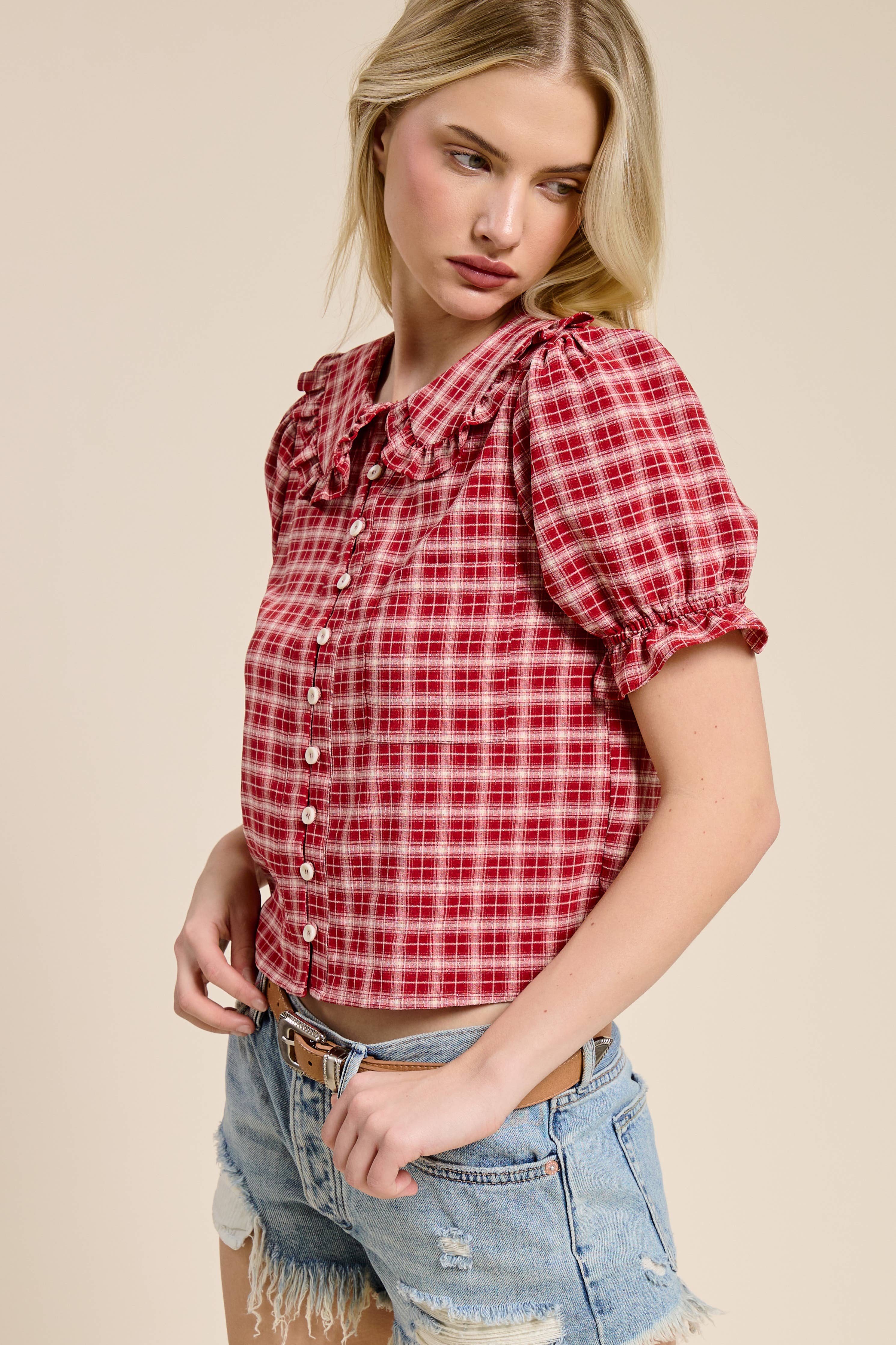 Plaid Ruffle Collar Button Up Blouse