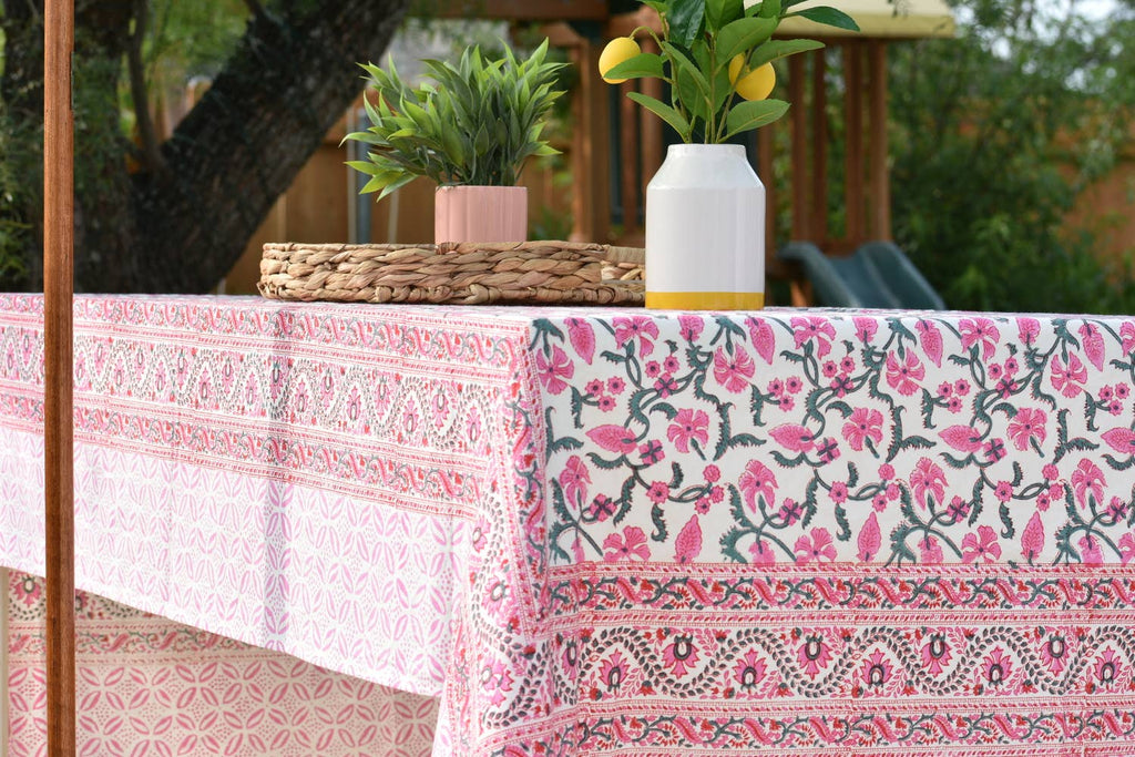 Pink Trail - Handblock Print Cotton Tablecloth