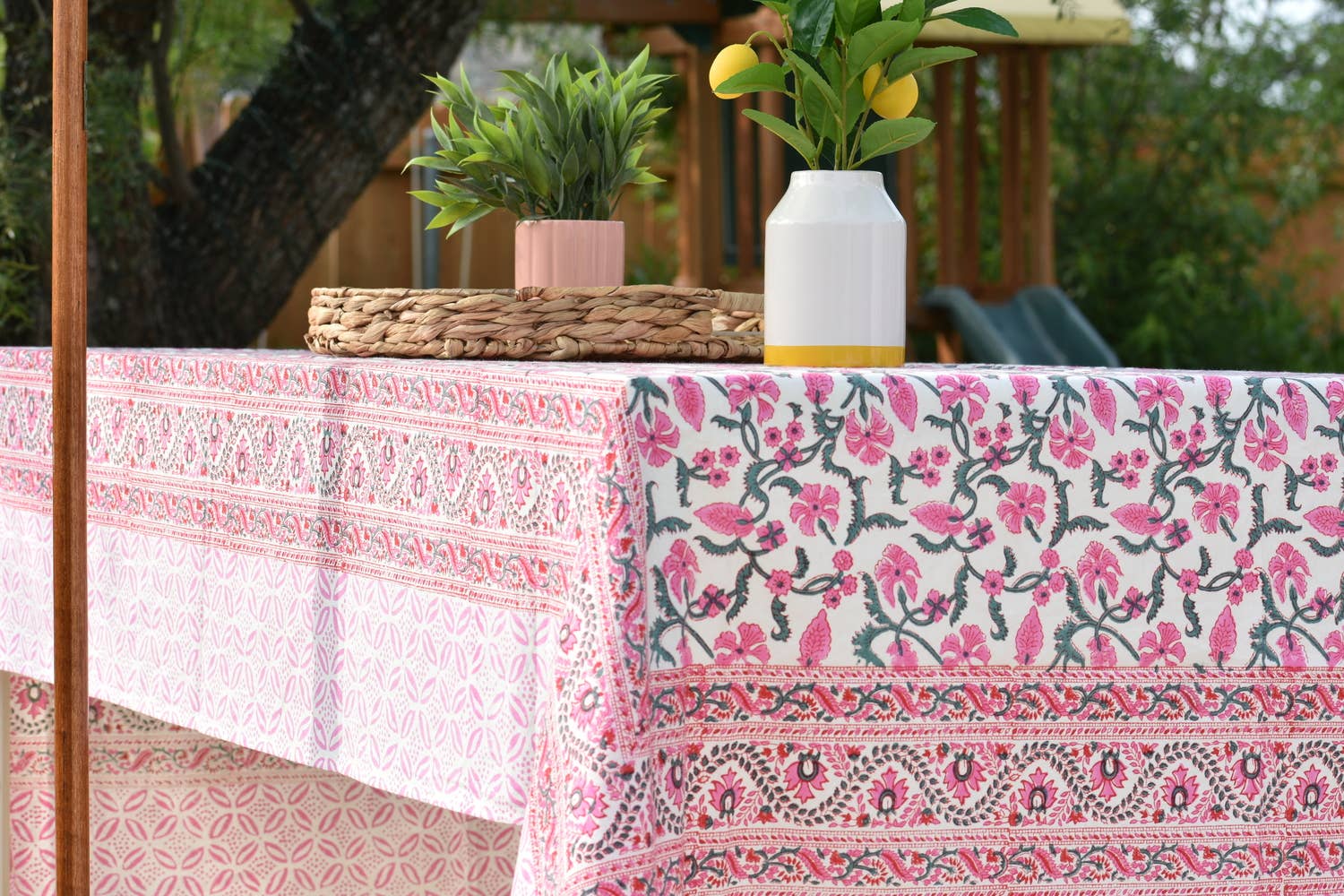 Pink Trail - Handblock Print Cotton Tablecloth