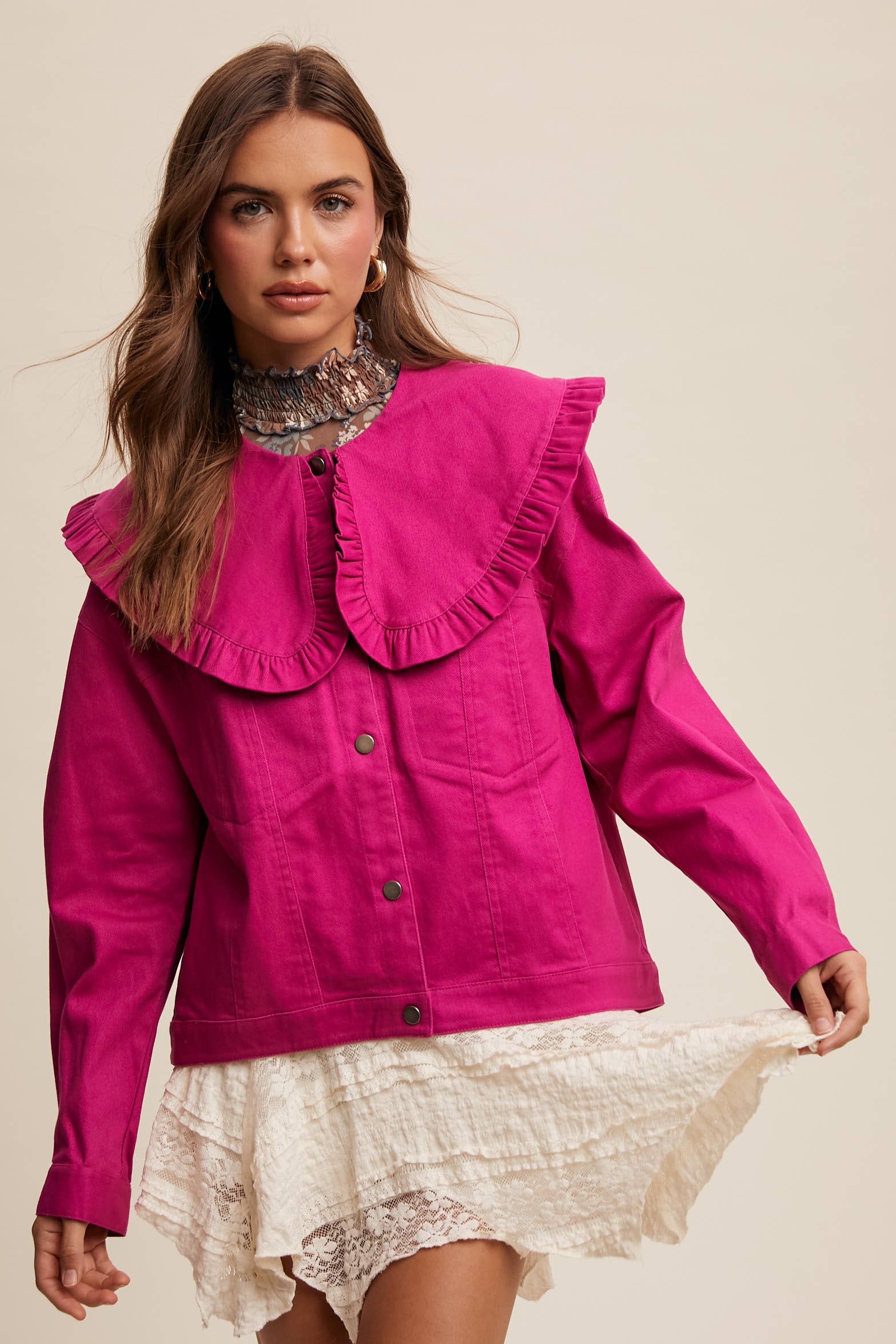 Ruffled Collar Denim Jacket