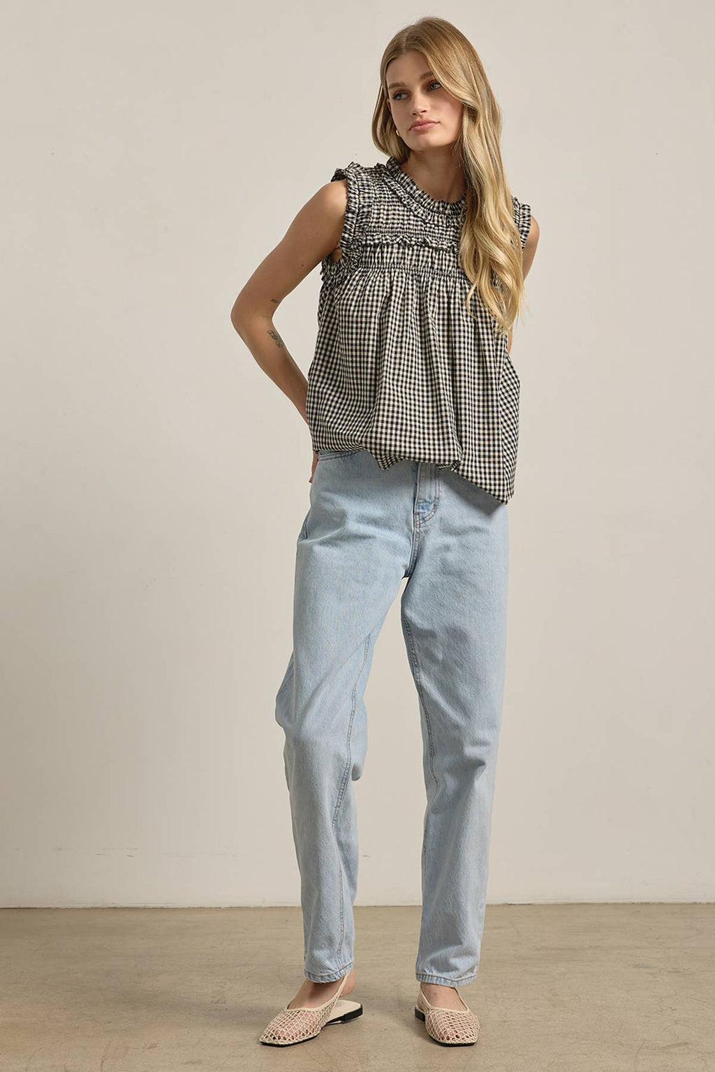 GINGHAM RUFFLE BLOUSE