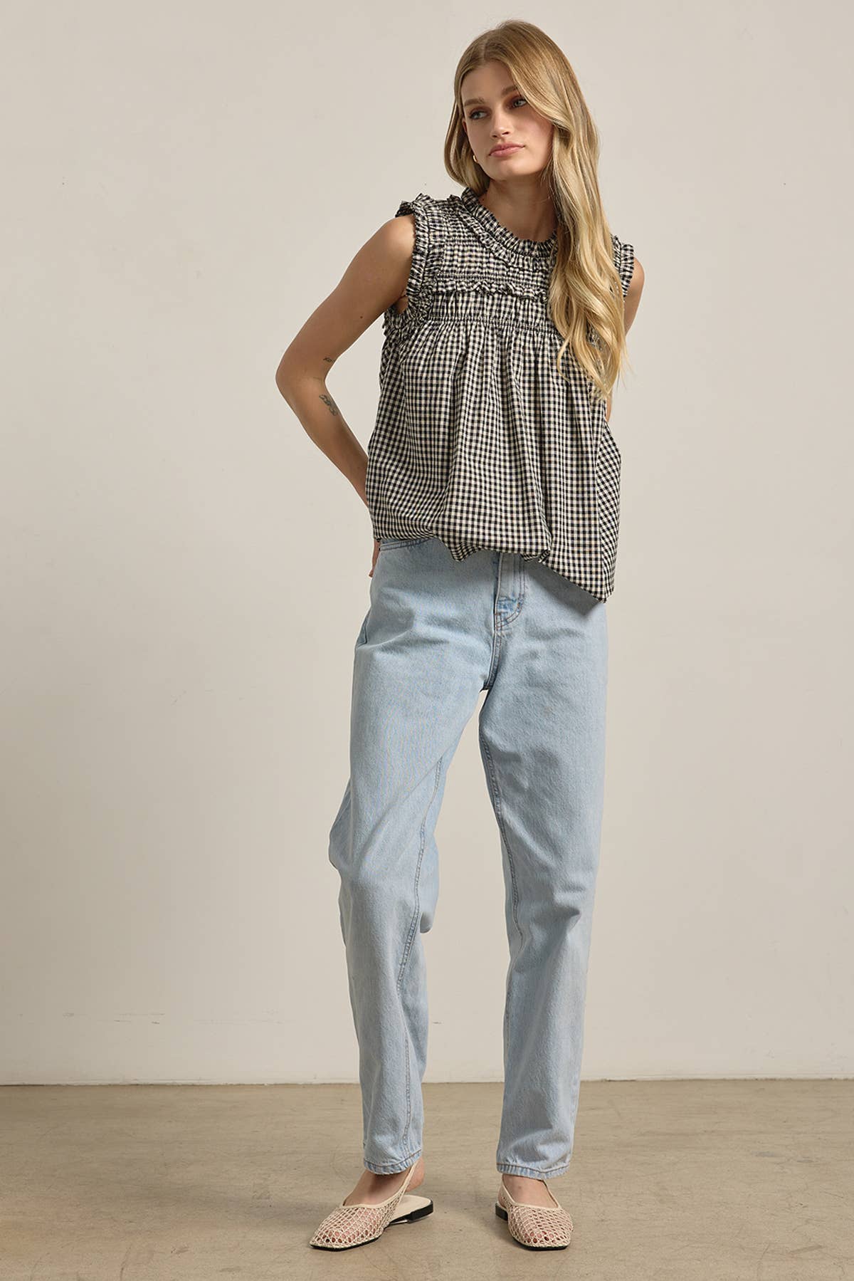 GINGHAM RUFFLE BLOUSE