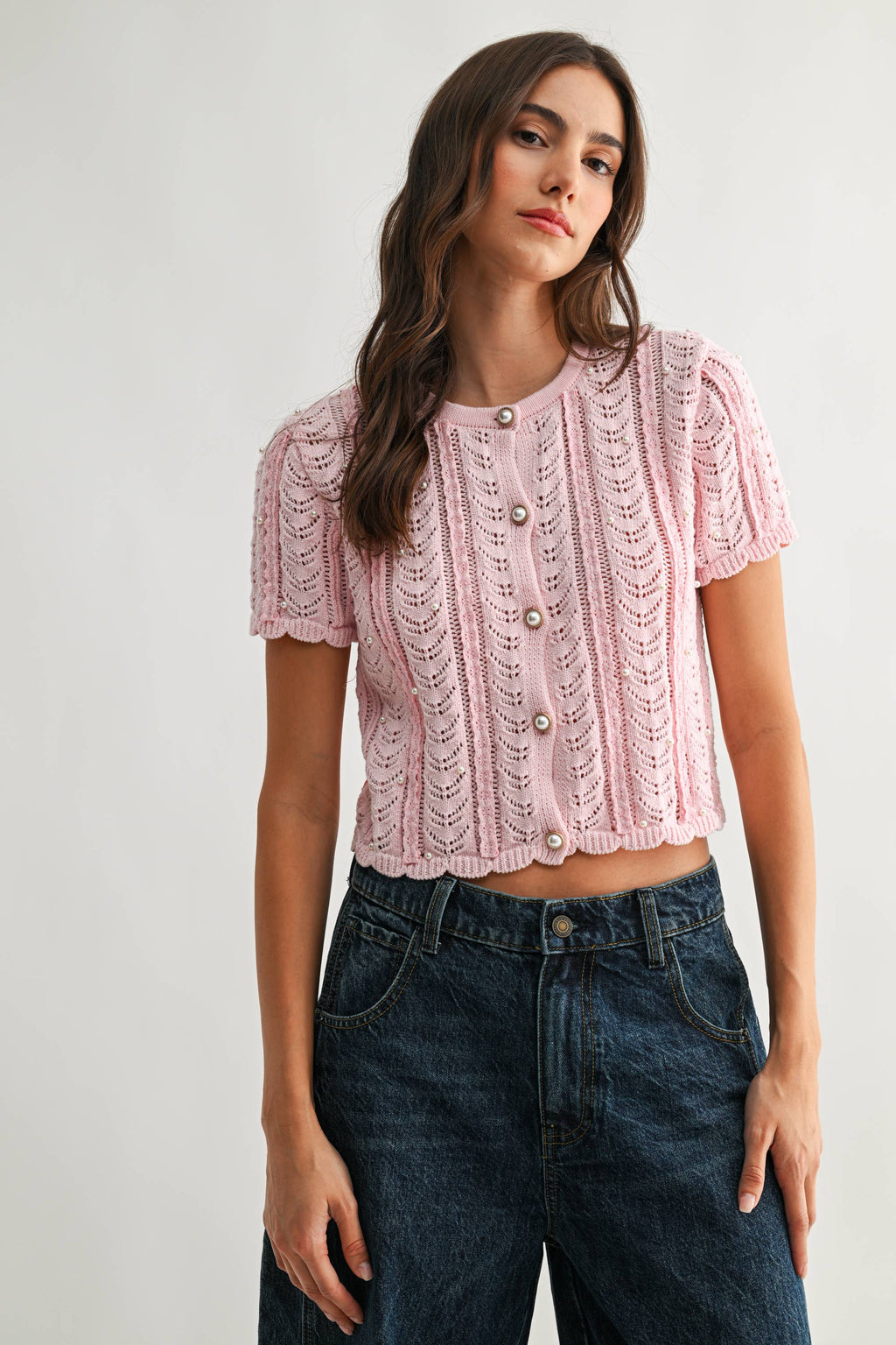 Lace Knit Pearl Button Cardigan