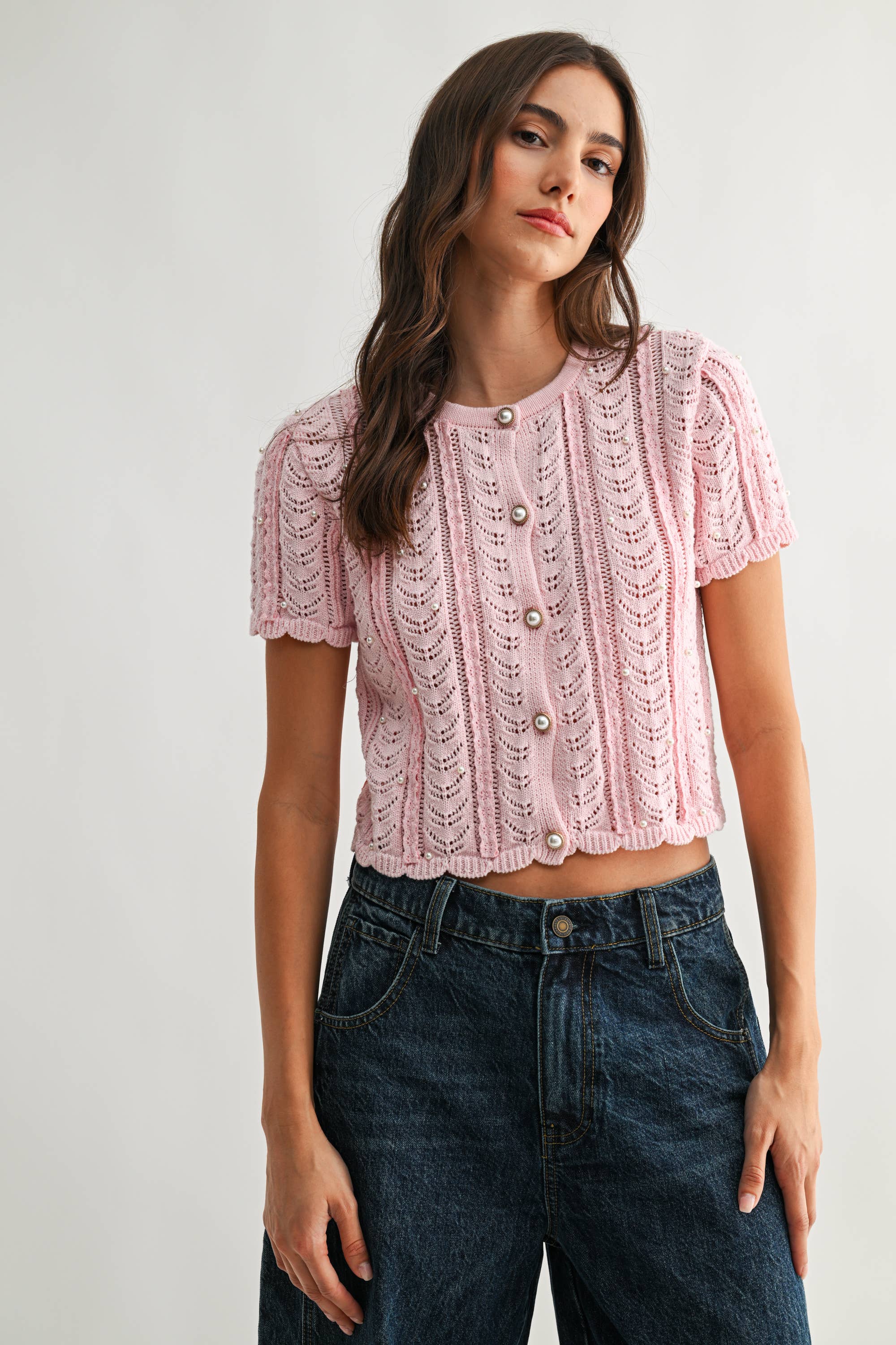 Lace Knit Pearl Button Cardigan