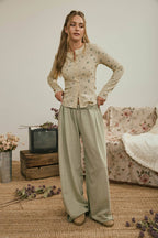 FLORAL SNAP FRONT LONG SLEEVE WAFFLE KNIT TOP