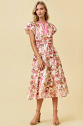 FLORAL PRINT BUBBLE SHORT SLEEVE TIERED MIDI DRESS
