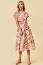 FLORAL PRINT BUBBLE SHORT SLEEVE TIERED MIDI DRESS