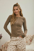BUTTON FRONT ROUND NECK LONG SLEEVE KNIT TOP