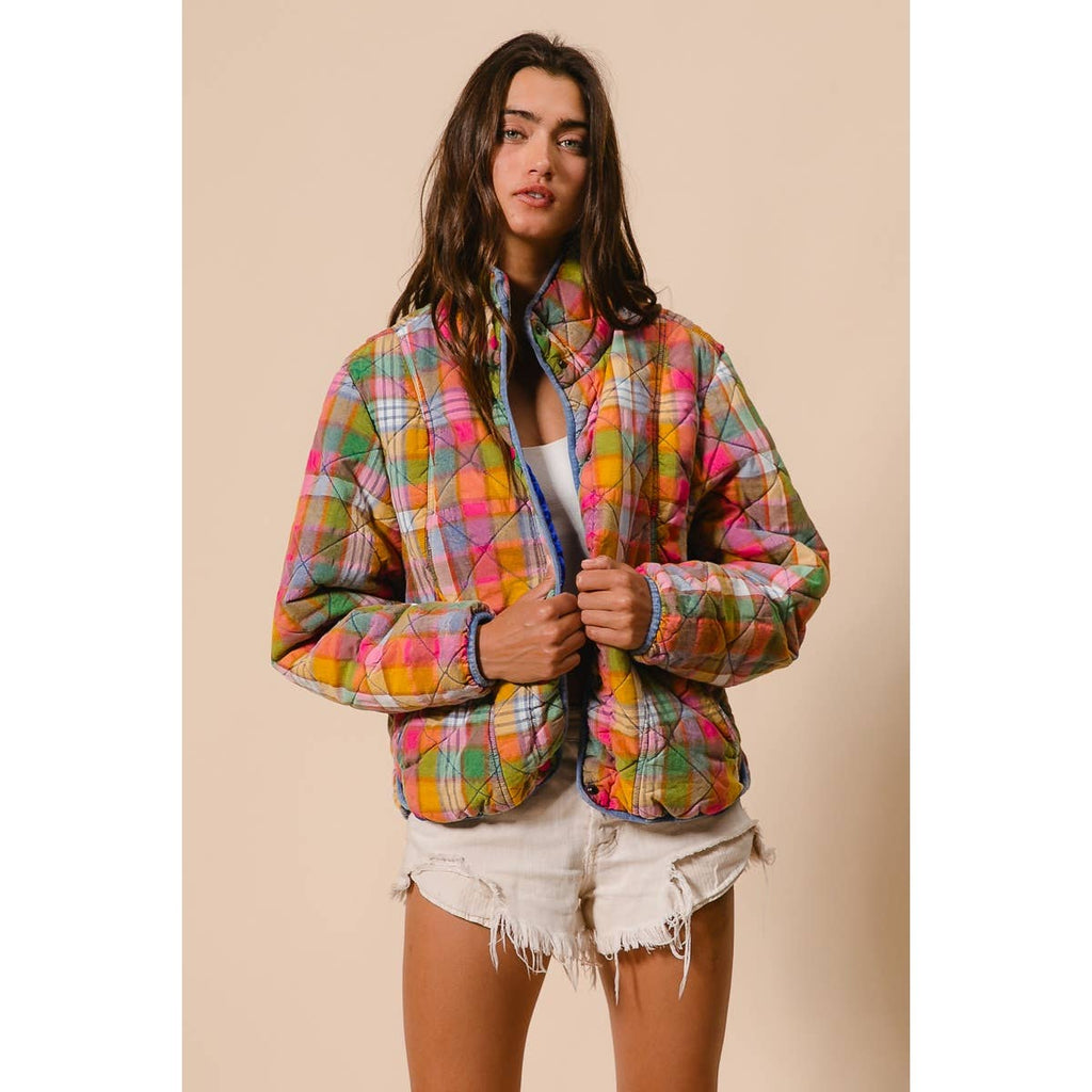 BLEACHED VINTAGE PLAID QUILTED JACKET WITH POCKETS