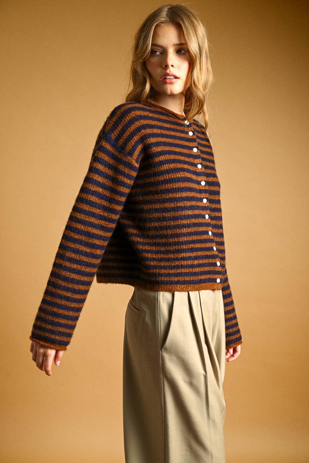 STRIPED BUTTON FRONT SWEATER CARDIGAN