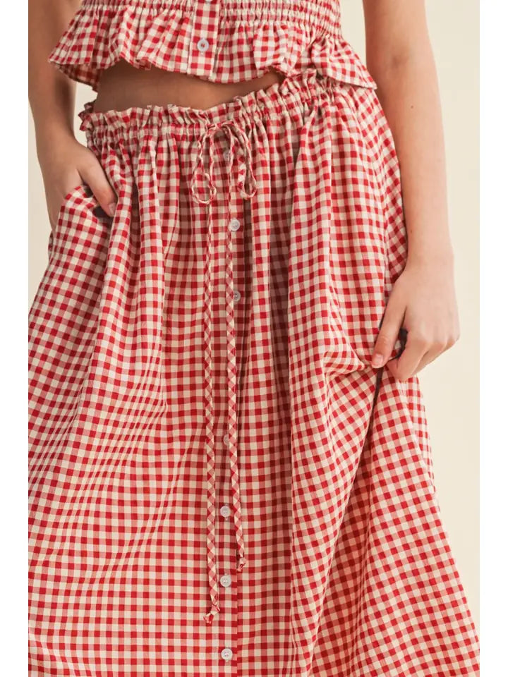 Gingham Pattern Button Front Long Skirt