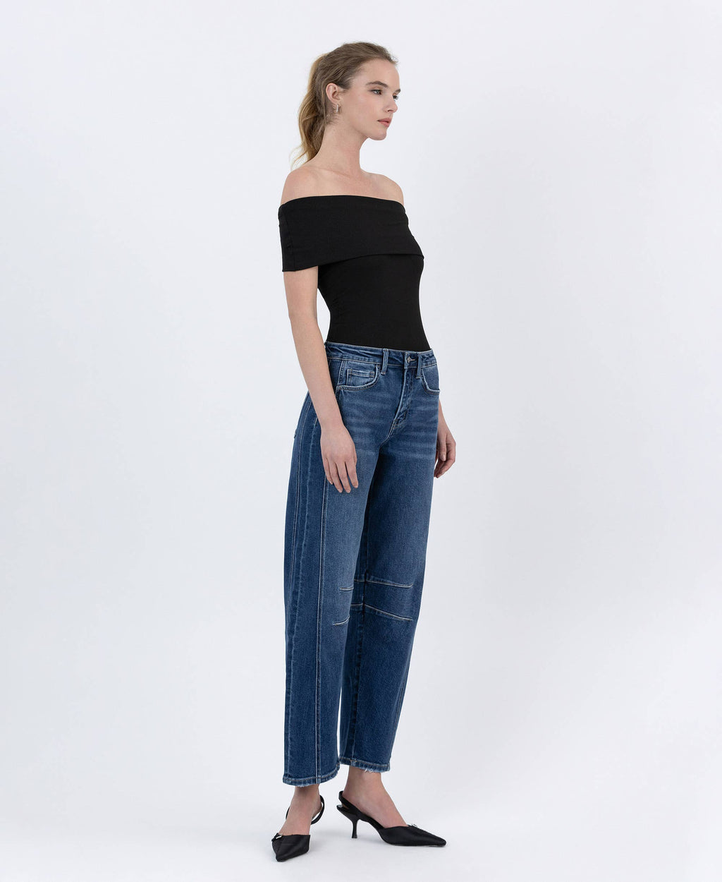 HIGH RISE DARK WASH BARREL LEG JEANS