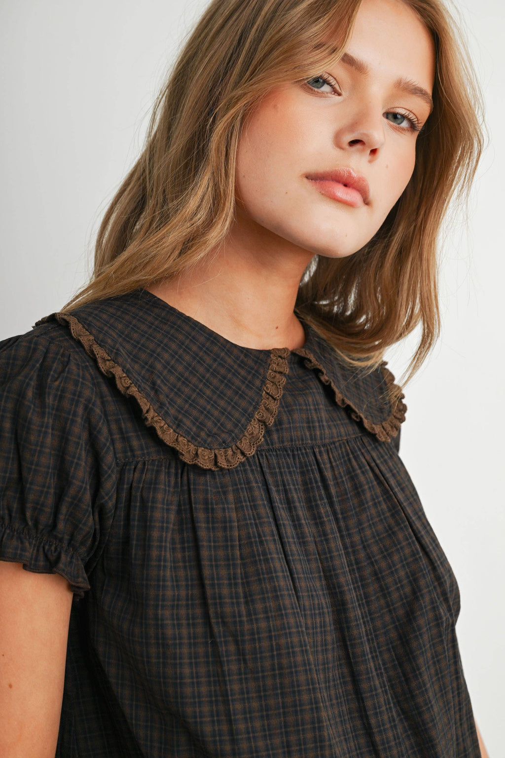 Plaid Peter Pan Collar Puff Sleeve Blouse