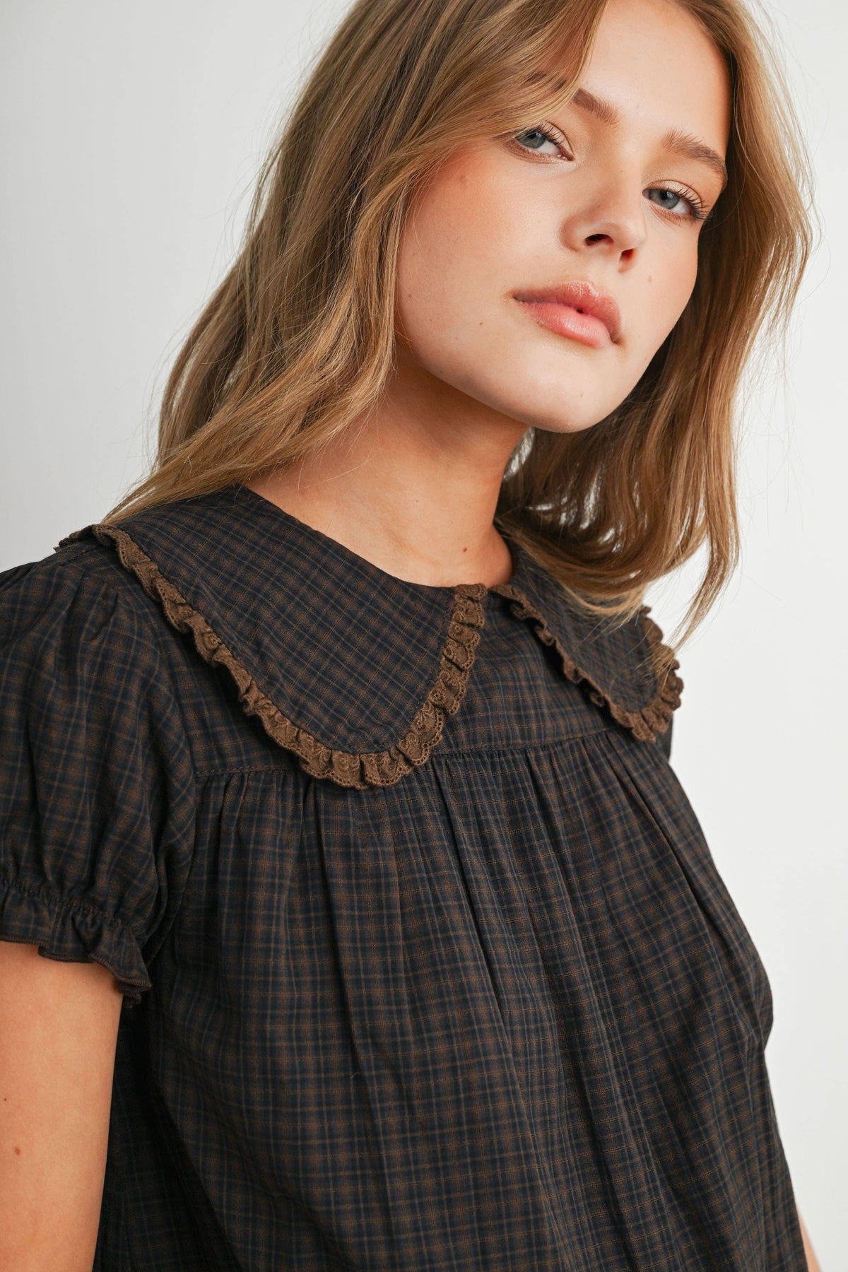 Plaid Peter Pan Collar Puff Sleeve Blouse