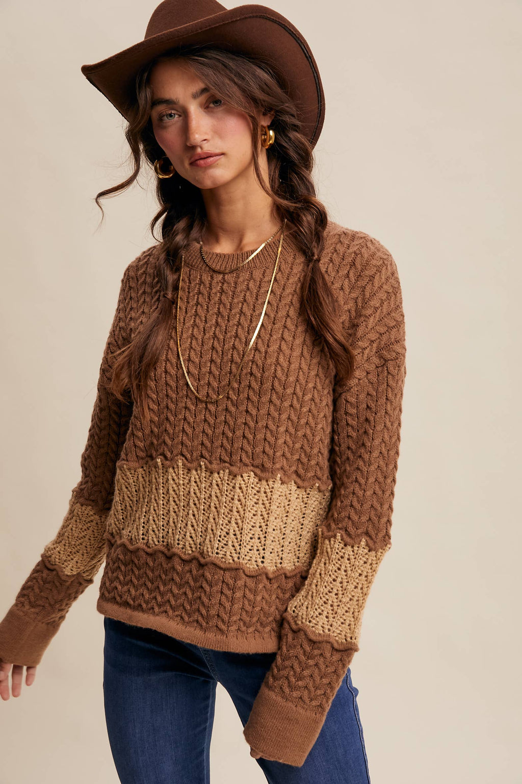 Colorblock Cable Knit Sweater