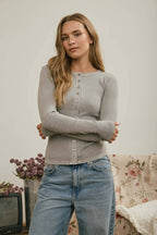 BUTTON FRONT ROUND NECK LONG SLEEVE KNIT TOP