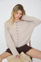 STRIPE RAW EDGE DROP SHOULDER KNIT CARDIGAN