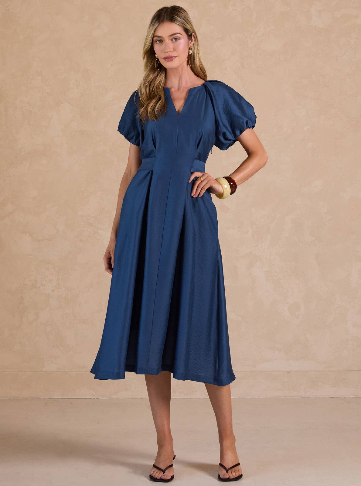 Short Puff Sleeve A-line Midi Dress