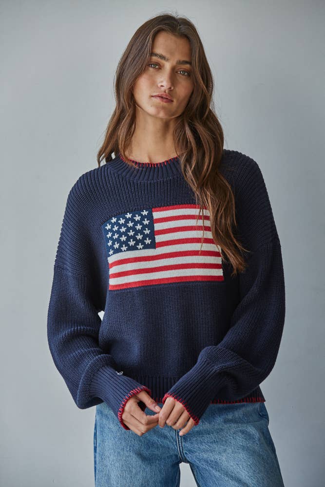 Knit Sweater Crew American Flag Pullover