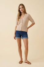 POINTELLE SHORT SLV CARDIGAN WITH ROSE BUTTONS