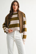 TAUPE AND OLIVE BOLD STRIPE SWATER