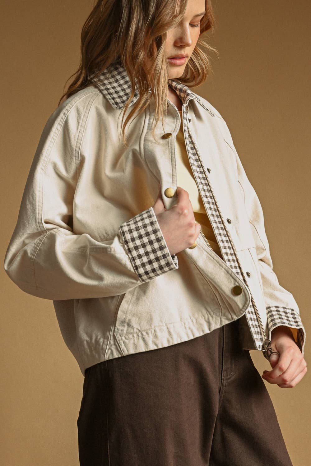 GINGHAM COLLARED TWILL JACKET