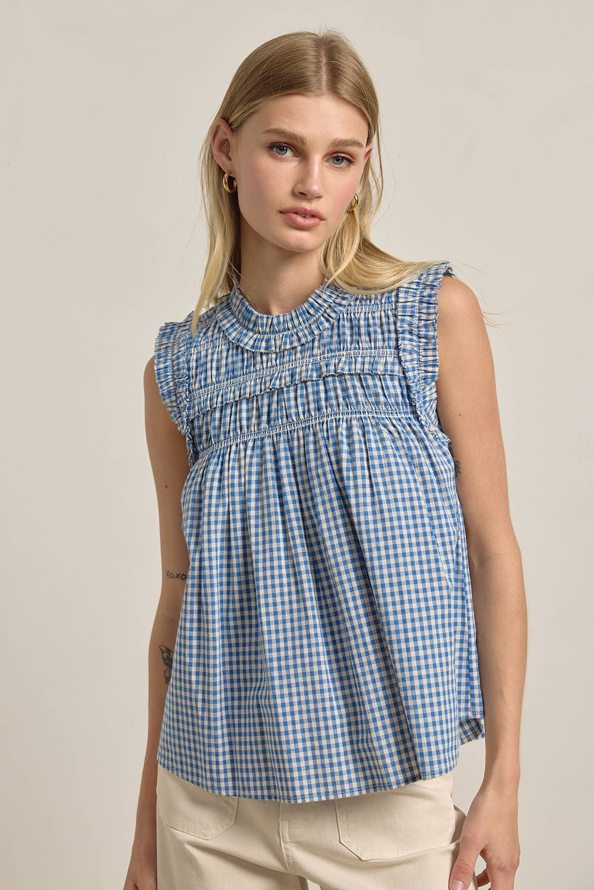 GINGHAM RUFFLE BLOUSE