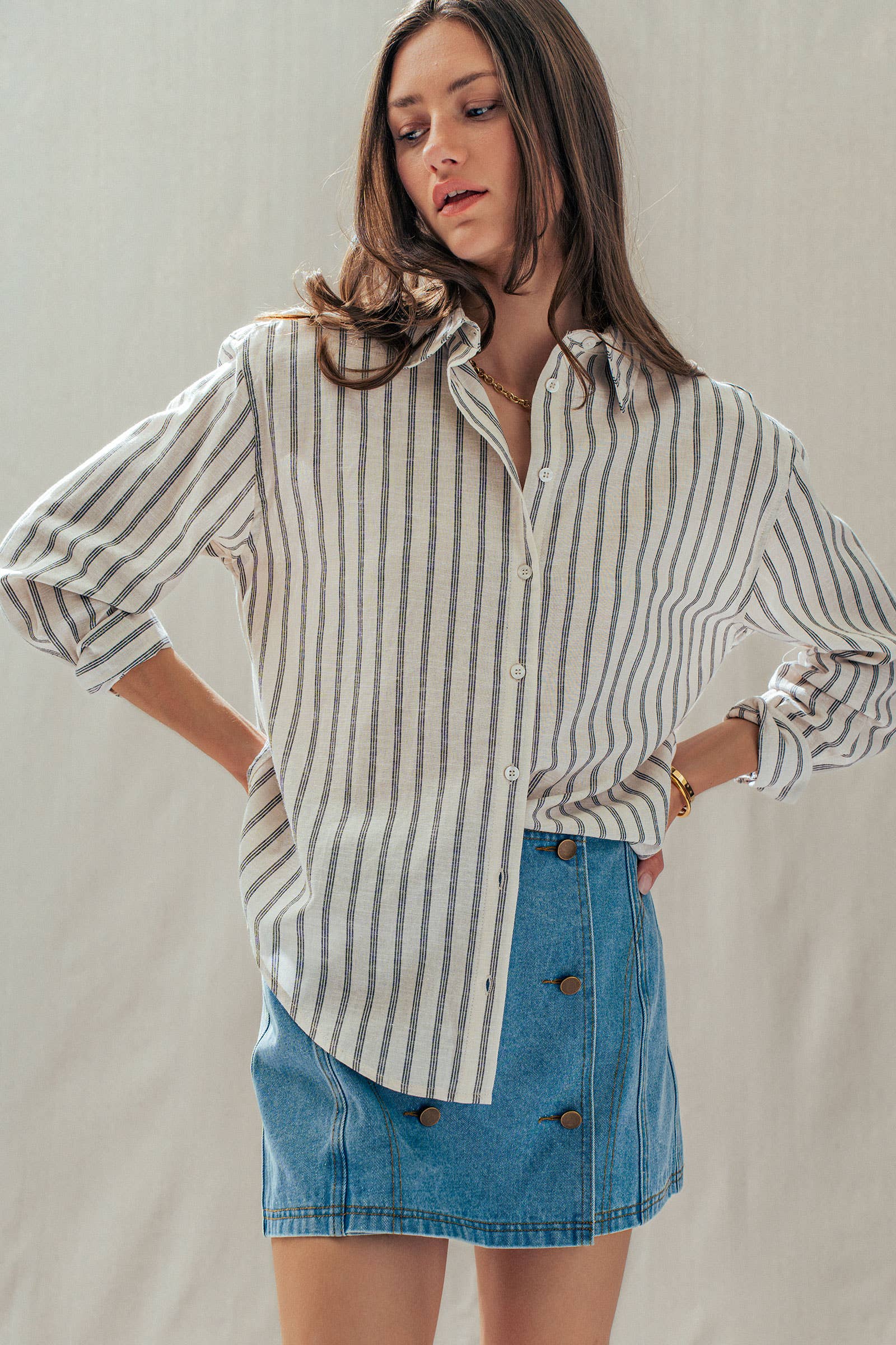 Striped Linen Blend Button Up Shirt