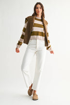 TAUPE AND OLIVE BOLD STRIPE SWATER