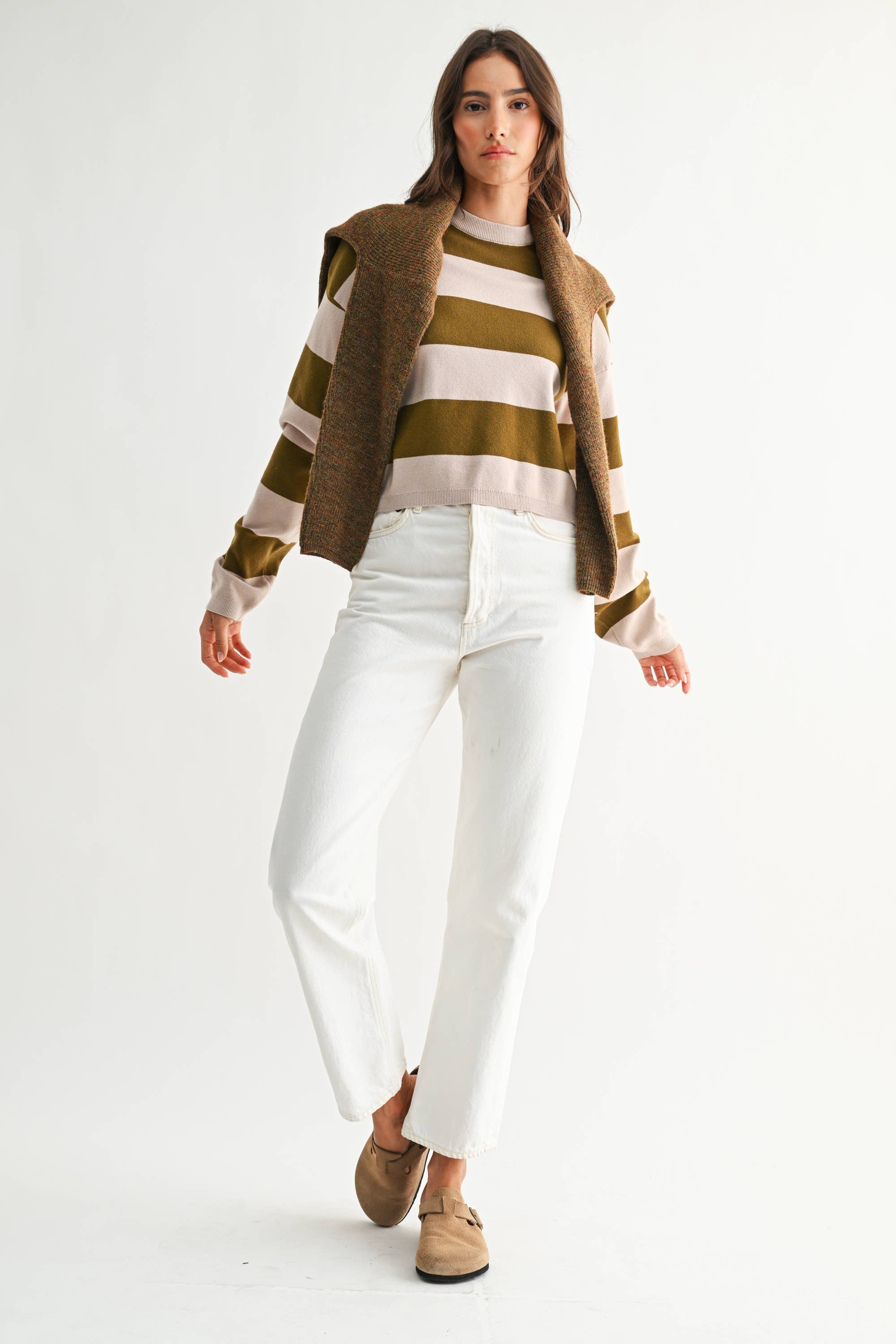 TAUPE AND OLIVE BOLD STRIPE SWATER