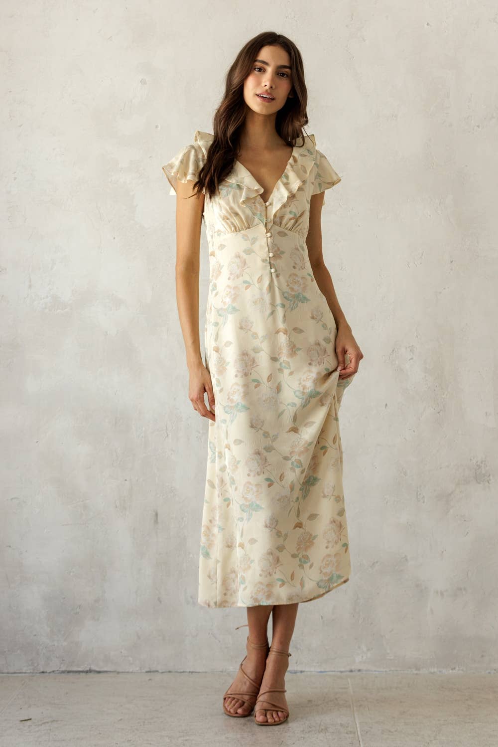 MULTI FLORAL RUFFLE MIDI DRESS