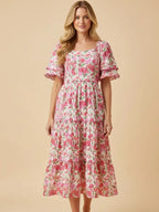 Floral Contrast Piped Tulip Sleeve Dress