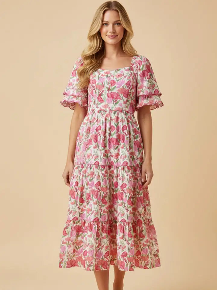 Floral Contrast Piped Tulip Sleeve Dress