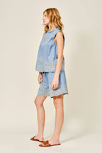 EMBROIDERED RUFFLE NECK SLEEVELESS BLOUSE