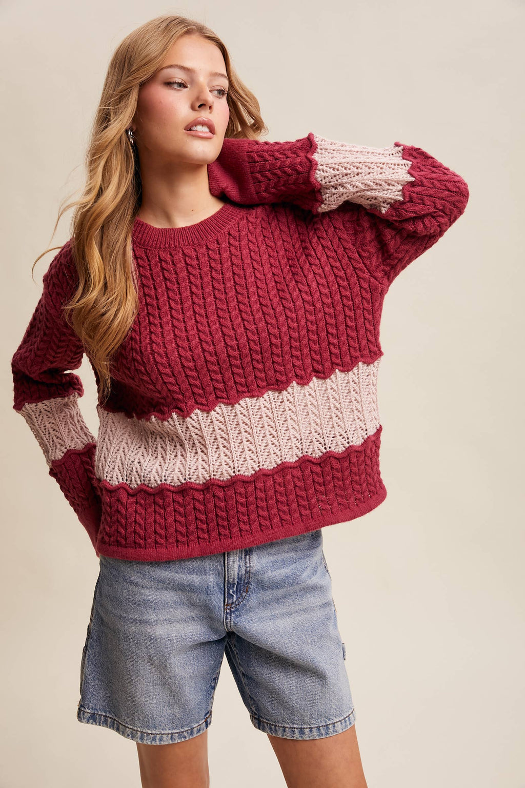 Colorblock Cable Knit Sweater