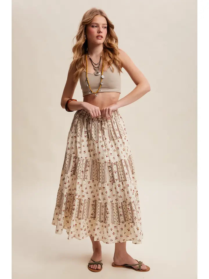 Floral Mixed-Print Tiered Maxi Skirt