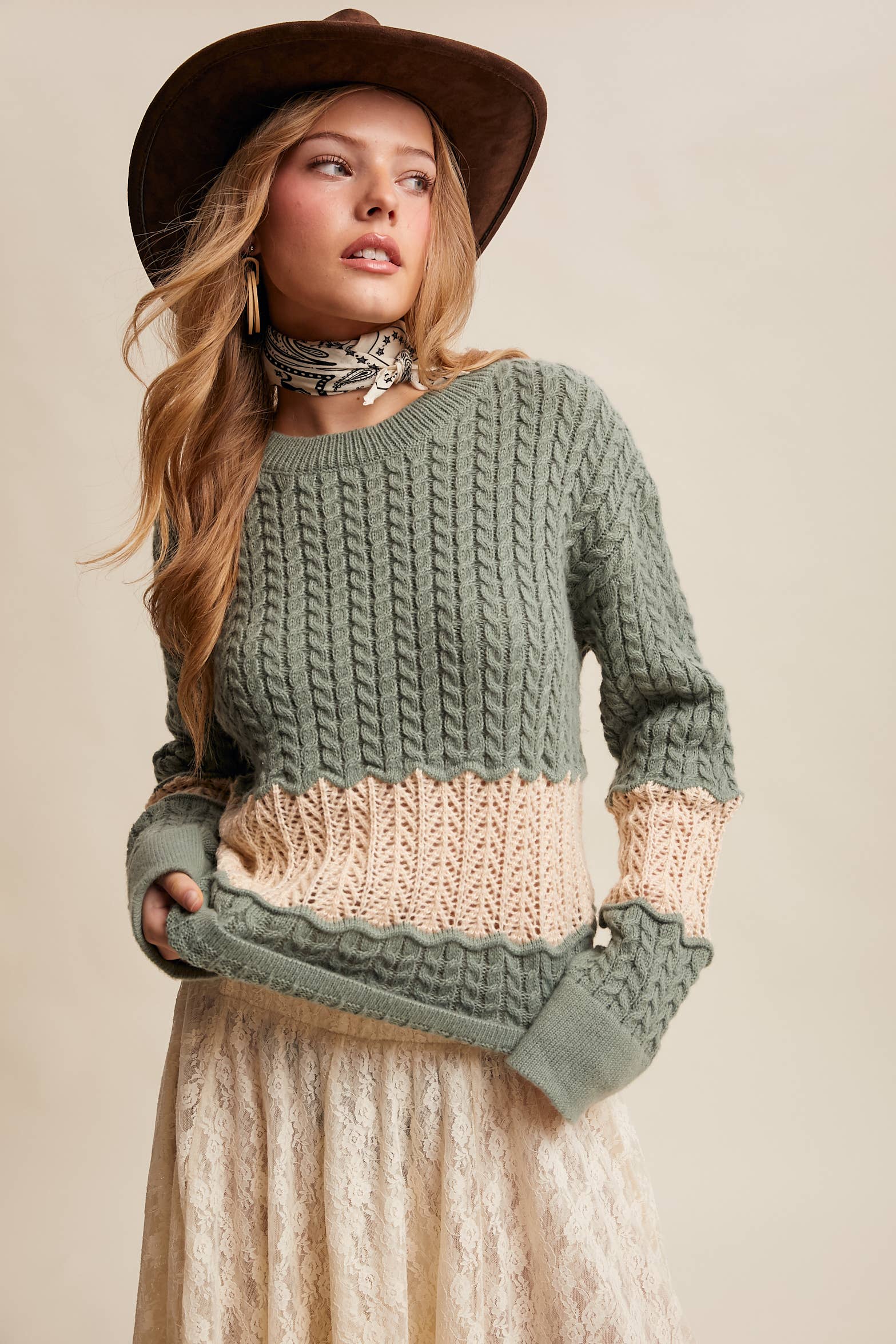 Colorblock Cable Knit Sweater
