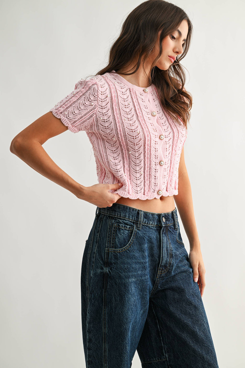 Lace Knit Pearl Button Cardigan
