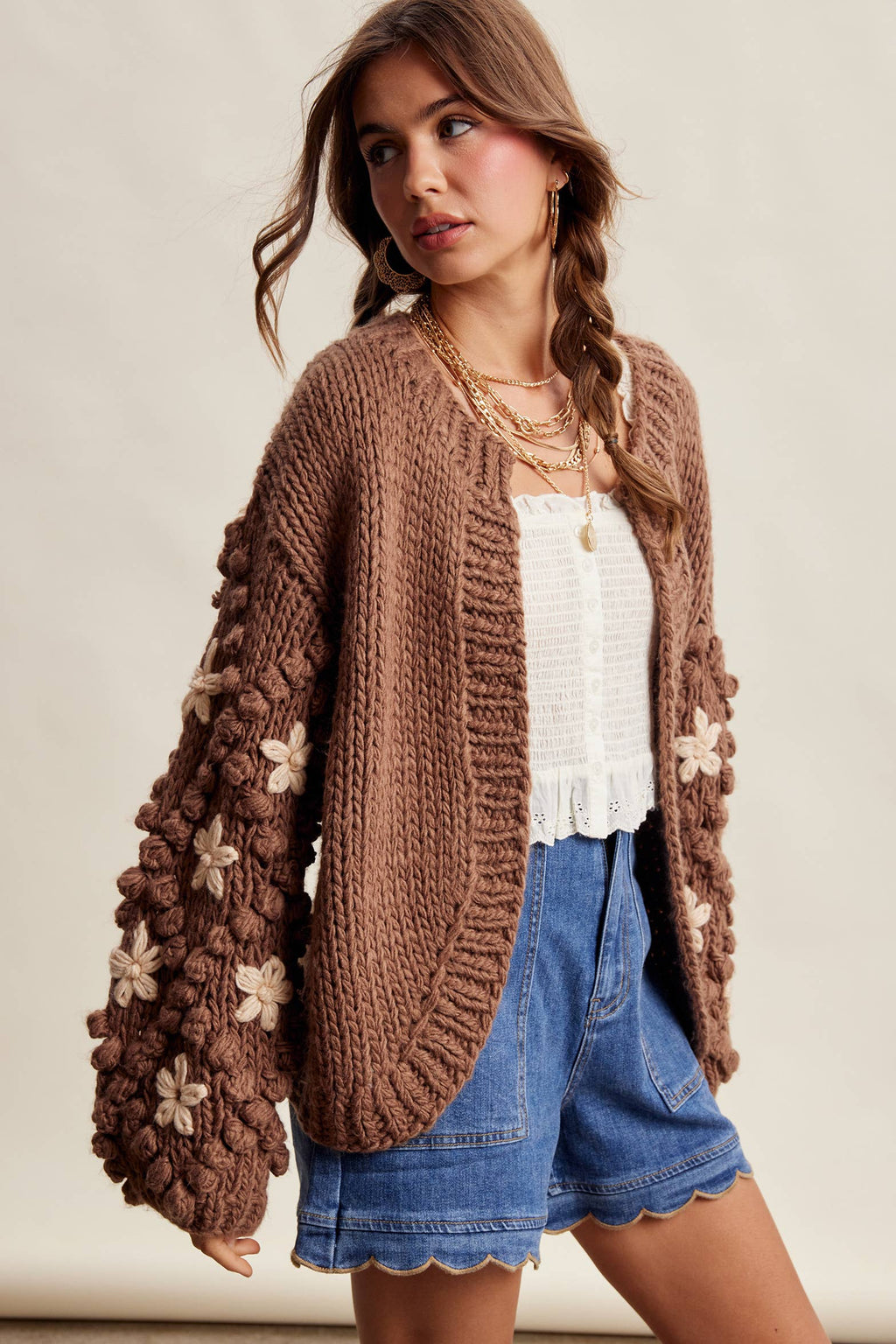 Hand Knit Floral Bobble Sleeve Cardigan