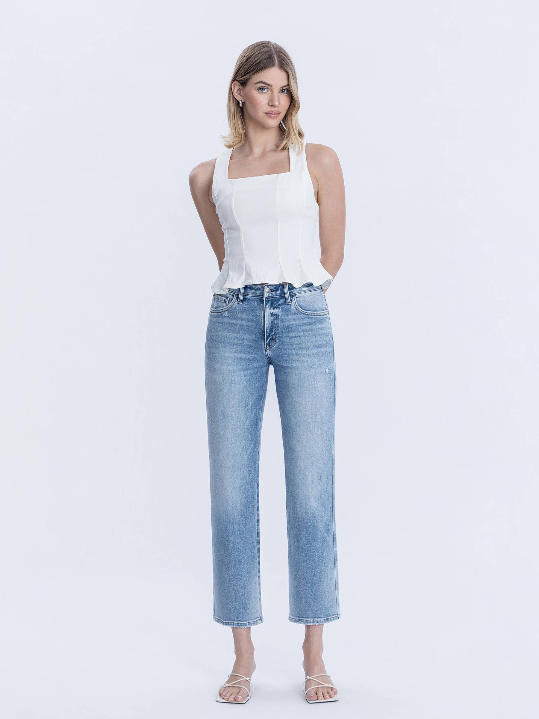HIGH RISE MEDIUM LIGHT WASH ANKLE STRAIGHT JEANS