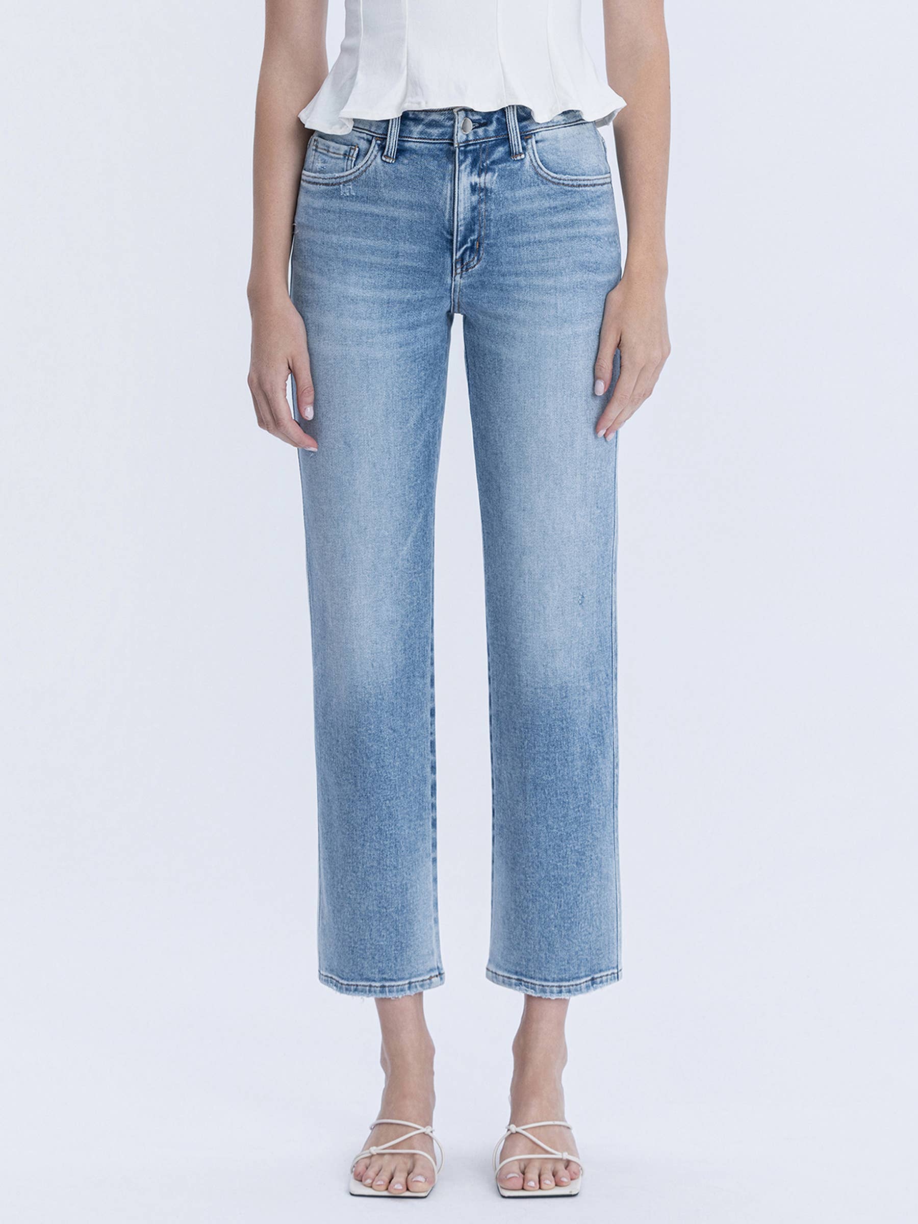 HIGH RISE MEDIUM LIGHT WASH ANKLE STRAIGHT JEANS